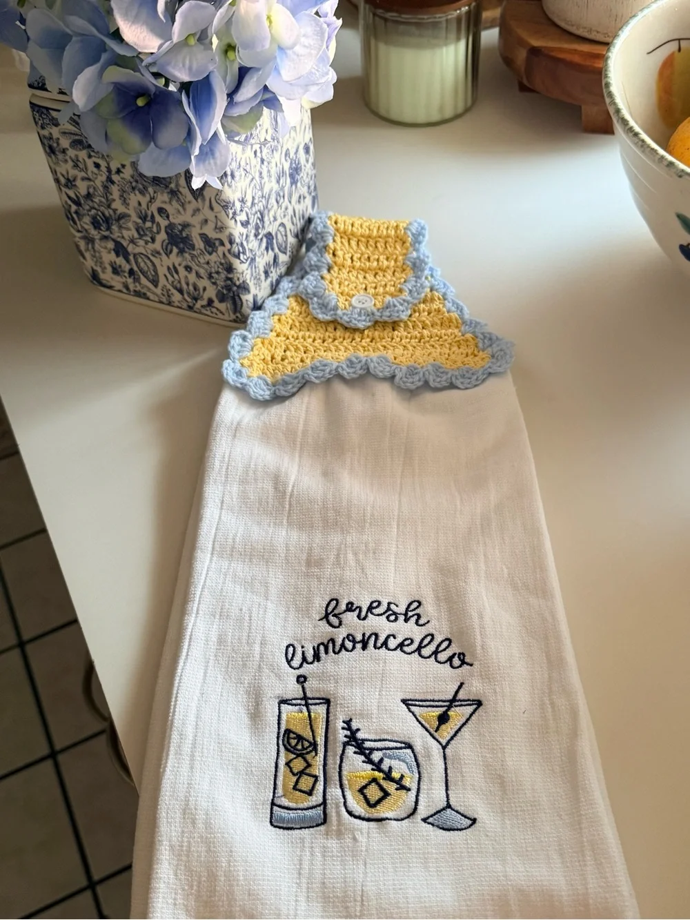 Handmade Yellow & Blue Crochet Top Kitchen Towel - Fresh Limoncello